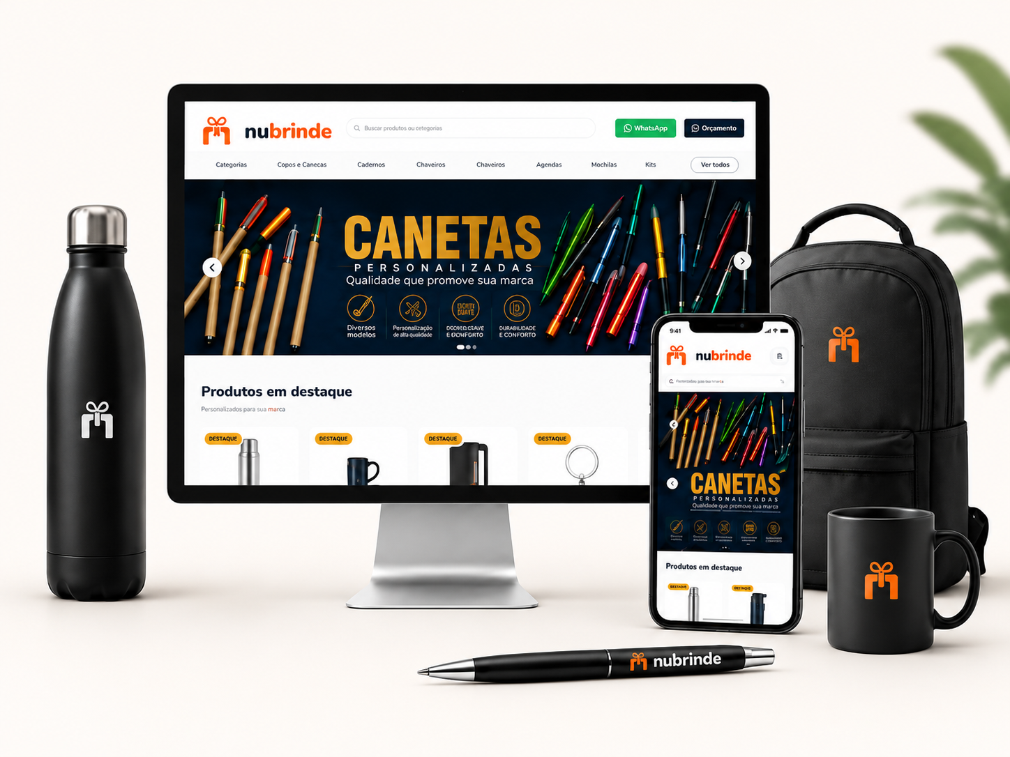 Site de brindes da nubrinde num monitor, com produtos personalizados